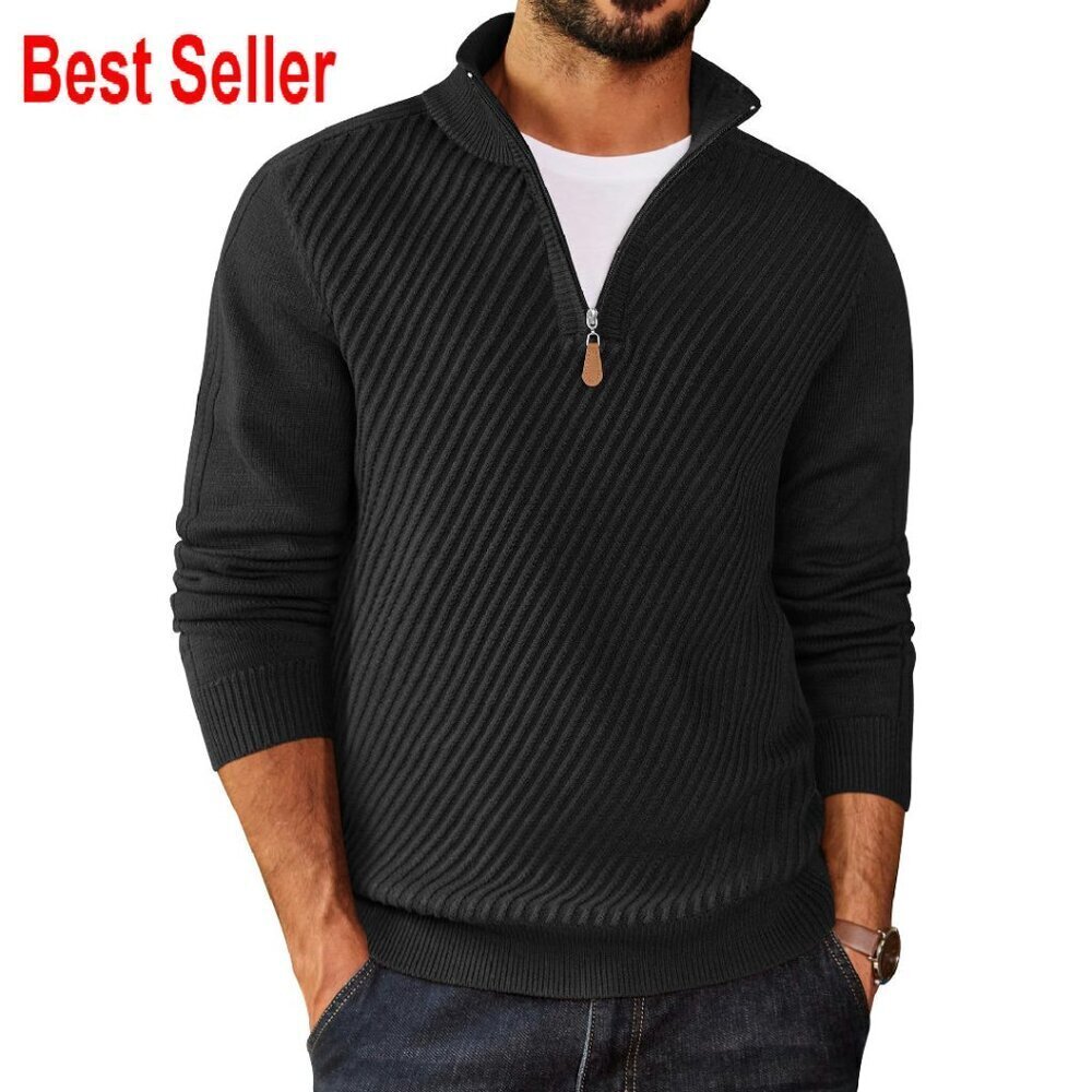 Quarter Zip Pullover Slim Fit Knit Twill Texture Casual Classic